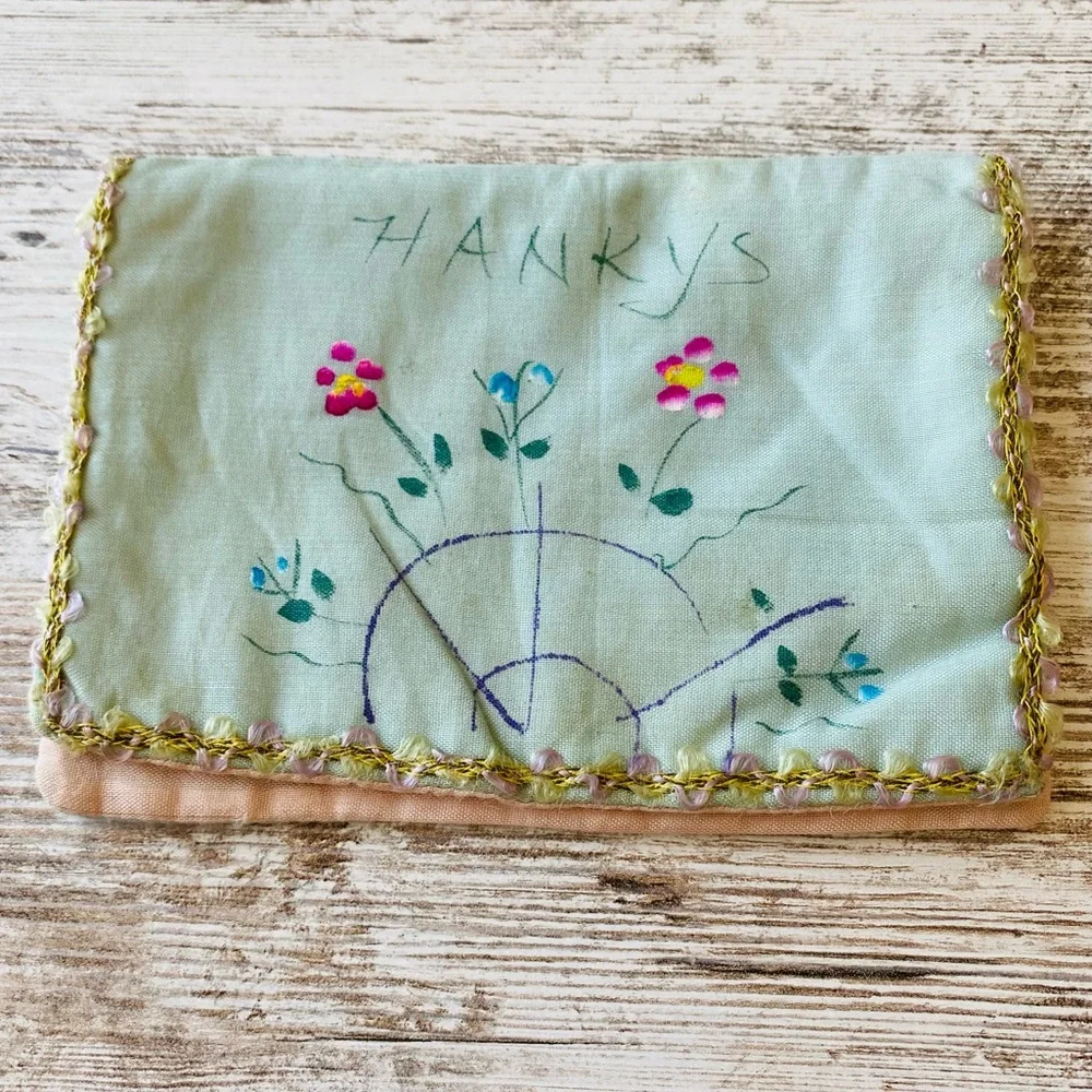 Vintage hand painted hanky holder